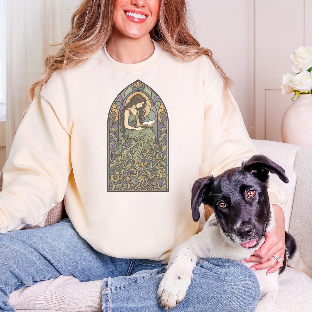 Woman Reading Within a Stained Glass Arch Sweatshirt